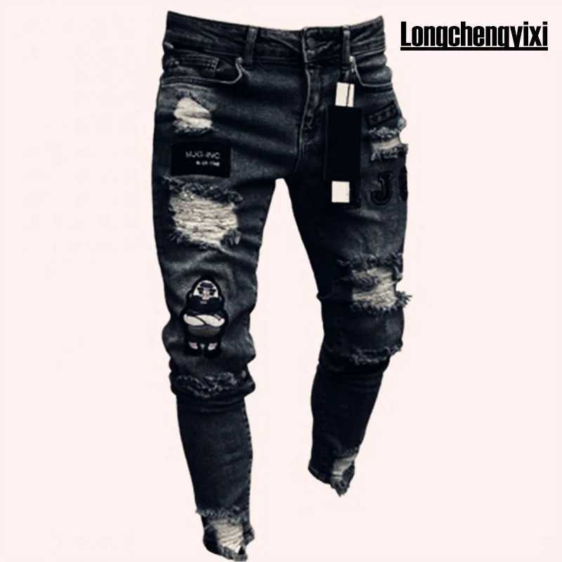 New White Embroidery Jeans Men Cotton Stretchy Ripped Skinny Jeans High Quality Hip Hop Black Hole Slim Fit Oversize Denim Pants X250718