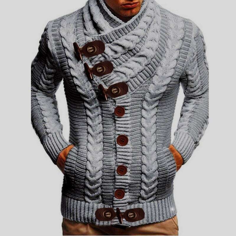 2025 New High Collar Horn Leather Button Knitted Fashion Cardigan Men's Sweater