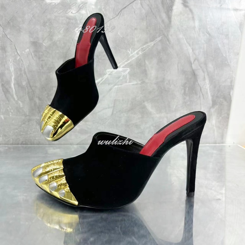 Black Suede Sandals: Gold New Strappy Stilettos, Round Toe, Five-Toe Design, Ankle Straps, Hollow Heels For Women, Summer Hot Catwalk Style