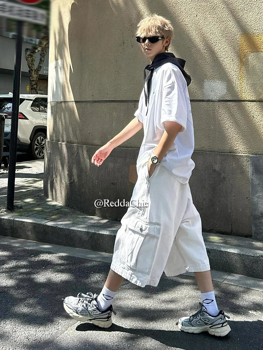 REDDACHiC Men Adjustable Low Waist White Baggy Jorts Plain Pintuck Cargo Pockets Casual Wide Denim Shorts Pants Summer Trousers 240906
