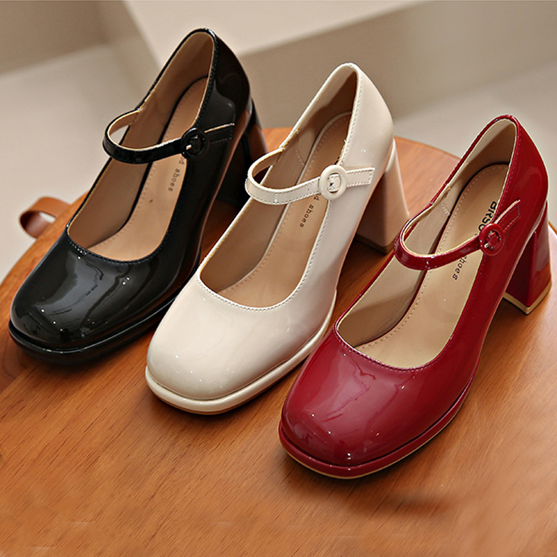 Dress shoes Classic Mid heeled boat shoe Designer shoe Belt Thick heel high heels Tassels Round head Metal Button women shoes Large size 34-41-42 us3-