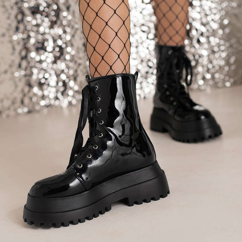 Double Layer Platform Shiny Patent Leather Flat Bottom Plush Inner Ing Lace Up Autumn New Women's Boots