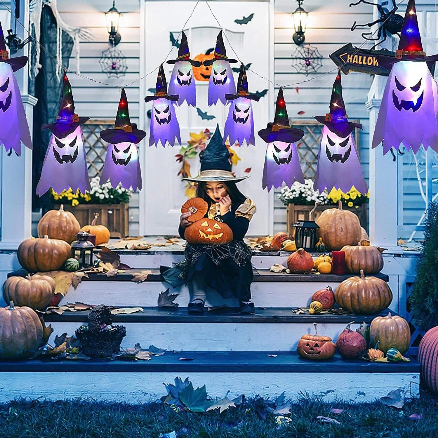 Halloween Ghost LED Light Hanging Party Dress up Glowing Witch Hat Light Horror Prop Home Bar Decoration Halloween String Lights