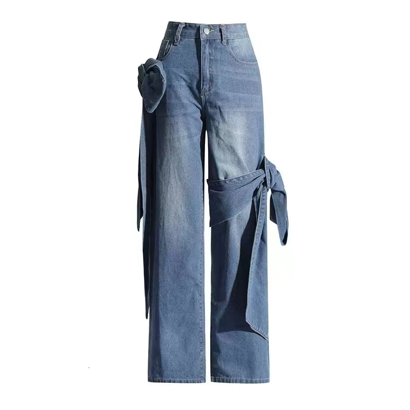 Spring new washed old patchwork bow wide leg pants with a design sense for women's high waisted slim fit jeans