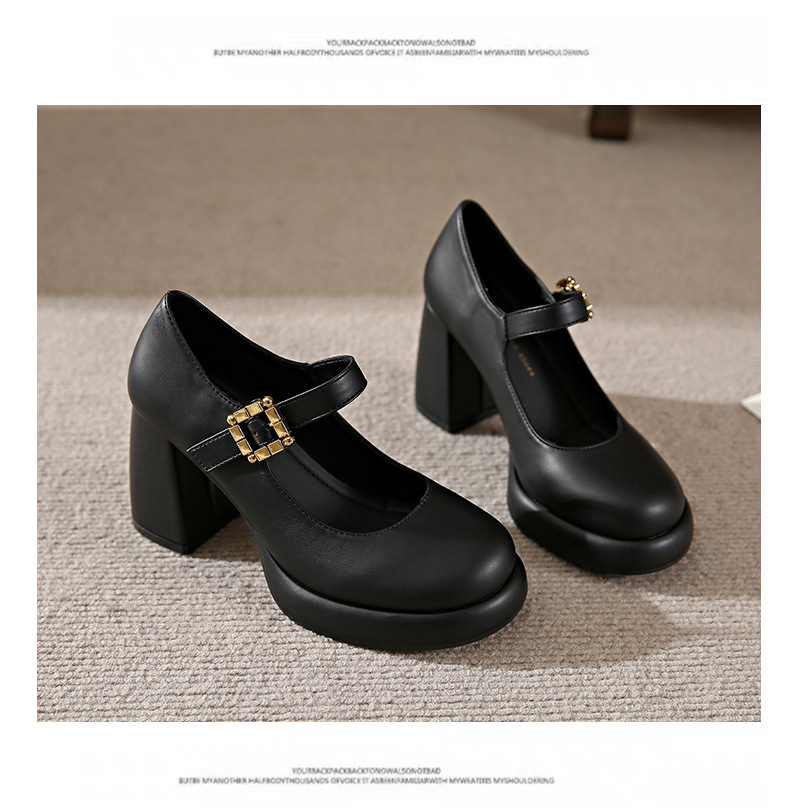 Dress shoes Classic Mid heeled boat shoe Designer shoe Belt buckle Thick heel high heels Tassels Round head Metal Button women shoes Large size 35-40-