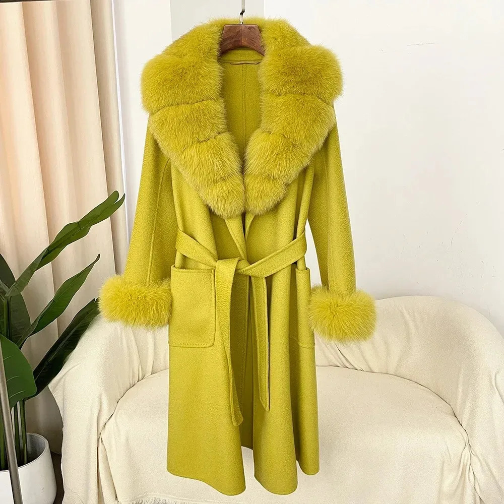 2024 Wool Coat Womens Wool Natural Fox Fur Collar True Fur Coat Winter Jacket Womens Belt Warm Coat 240909
