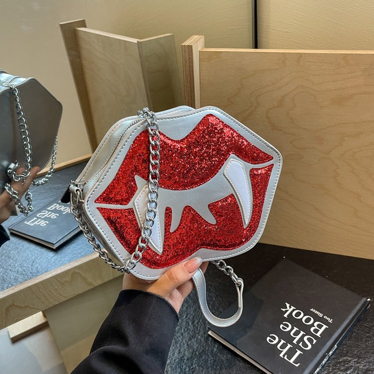 2025 Designer sequined chain New 3 shoulder with contrasting lips crossbody personalized and fashionable travel phone bag