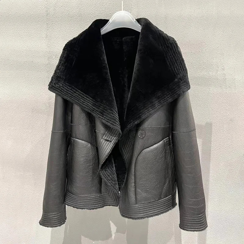 Womens Winter Jacket Genuine Sheepskin Wool Double Sided Leather Natural