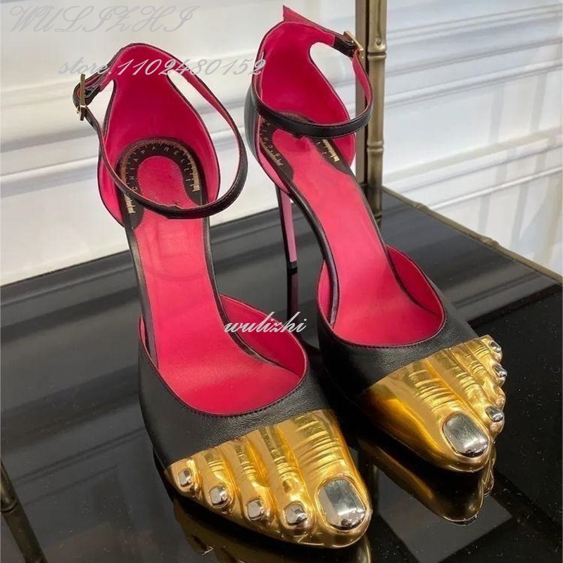 Black Suede Sandals: Gold New Strappy Stilettos, Round Toe, Five-Toe Design, Ankle Straps, Hollow Heels For Women, Summer Hot Catwalk Style