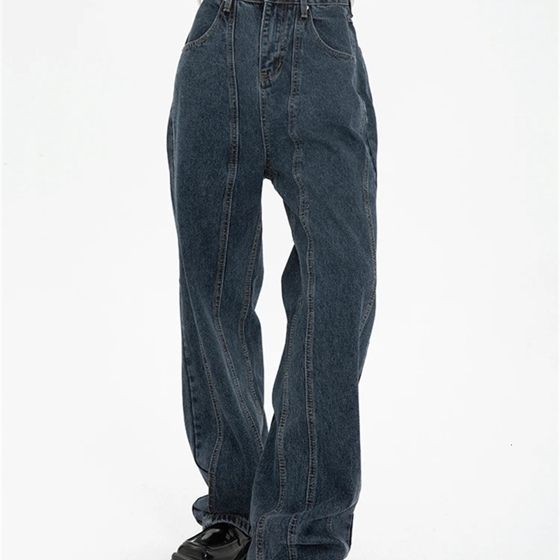 Dark Blue Womens Jeans High Waist Vintage Straight Baggy Denim Pants Streetwear American Style Fashion Wide Leg Denim Trouser 240821