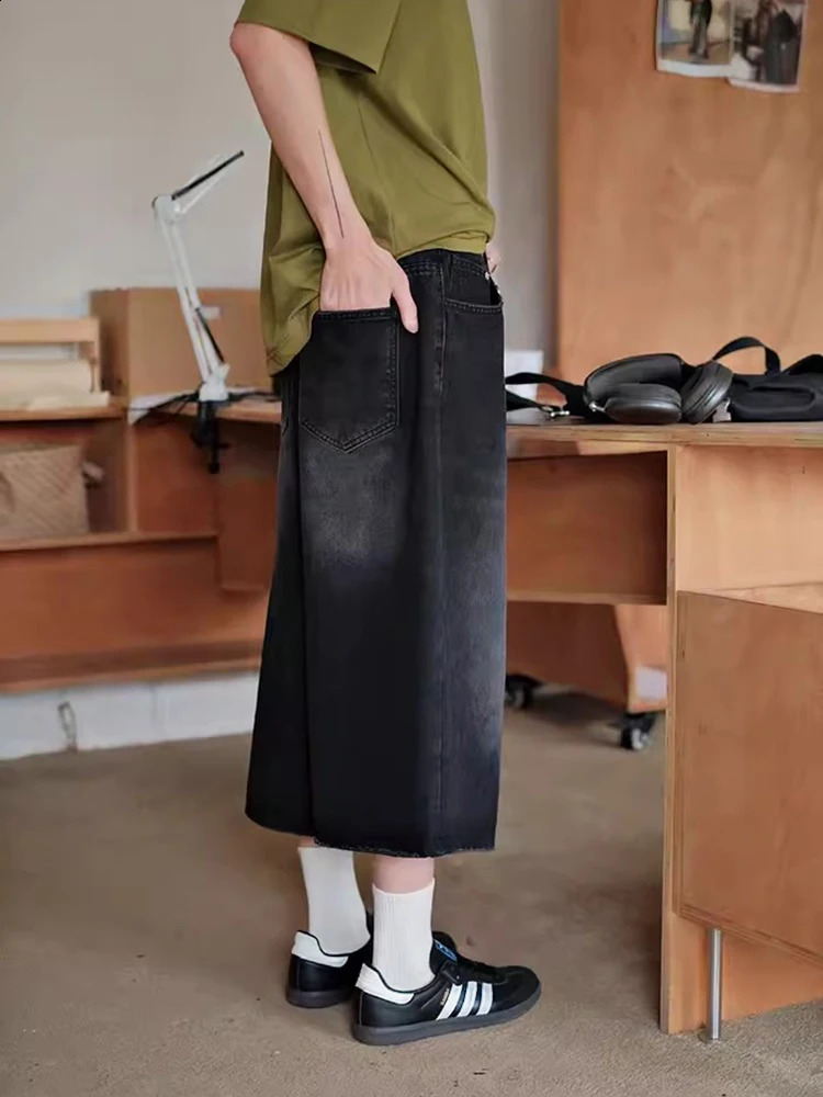 REDDACHiC 90s Retro Black Brushed Denim Shorts Men Washed Whiksers Low Rise Frayed Loose Wide Leg Baggy Jorts Y2k Korean Clothes 240906