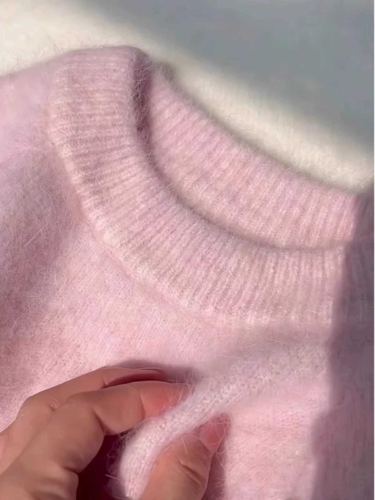 Pink Soft Mohair Knitted Sweater Womens Autumn Winter Loose Long Sleeved Top New Solid Color Simple O-neck Pullover CoatX240909