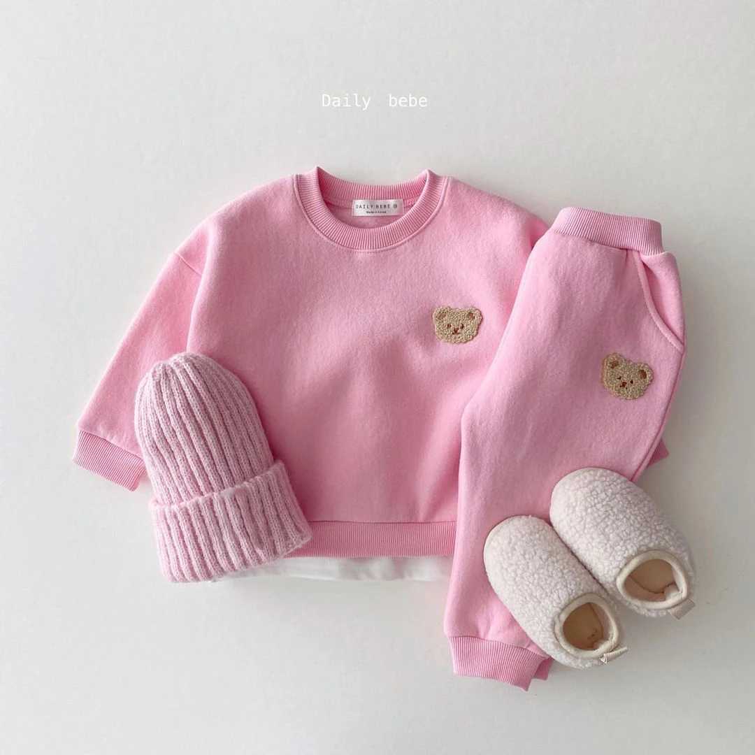 Clothing Sets Baby Bear Embroidery Fleece Pullover Set Sweatshirt Tops+Harem Jogger Pants Suits 2pcs Girls Boys Lined Clothes H241126KDDJ