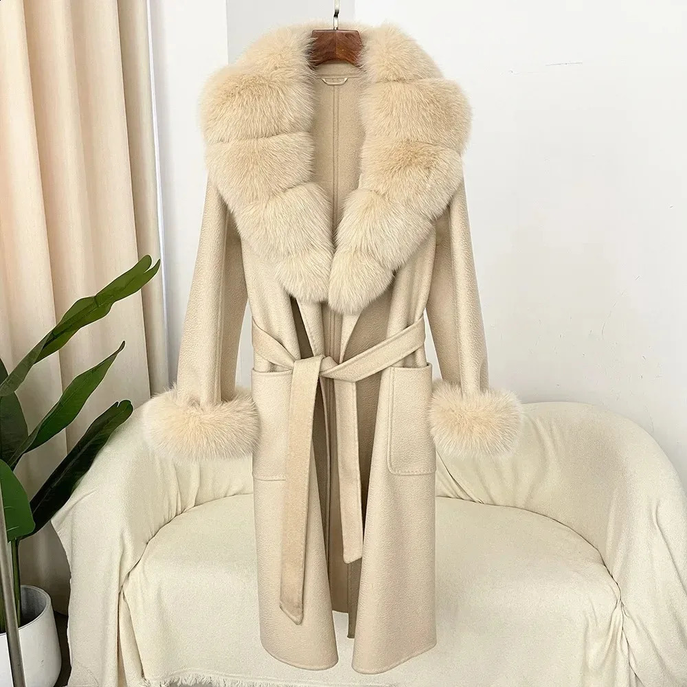 2024 Wool Coat Womens Wool Natural Fox Fur Collar True Fur Coat Winter Jacket Womens Belt Warm Coat 240909