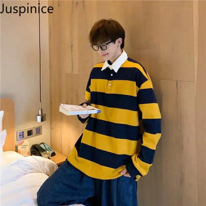 Spring Autumn Lapel Long Sleeve Striped POLO Shirts Fashion Mens Loose Casual High Street Personalized Shirt Male Clothes 240908