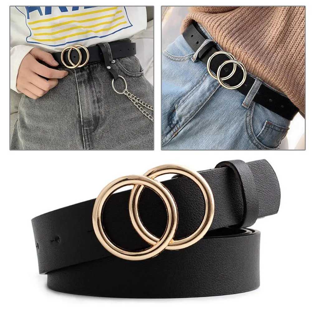 Womens Double Round Belt PU Metal Fashion Leather Retro Luxury Belt Solid Color Belt Casual Dress Jeans Accessories W240920