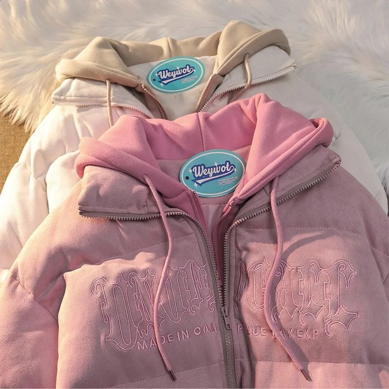 American niche Ins fake two piece hooded bread shirt Y2K street fashion loose retro couple jacket trendy mens clothing 240907