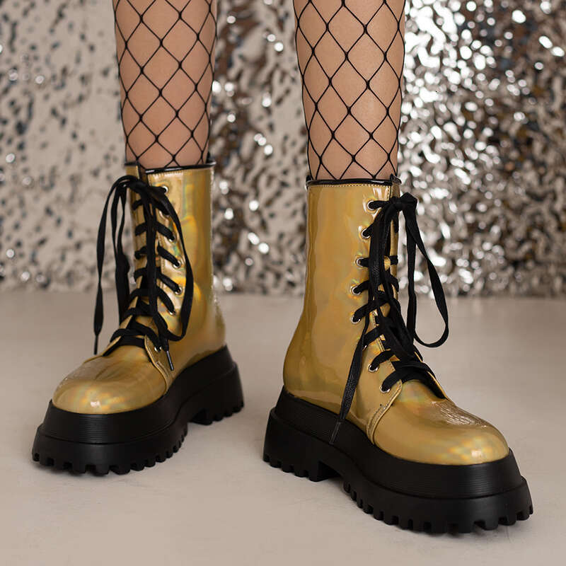 Double Layer Platform Shiny Patent Leather Flat Bottom Plush Inner Ing Lace Up Autumn New Women's Boots