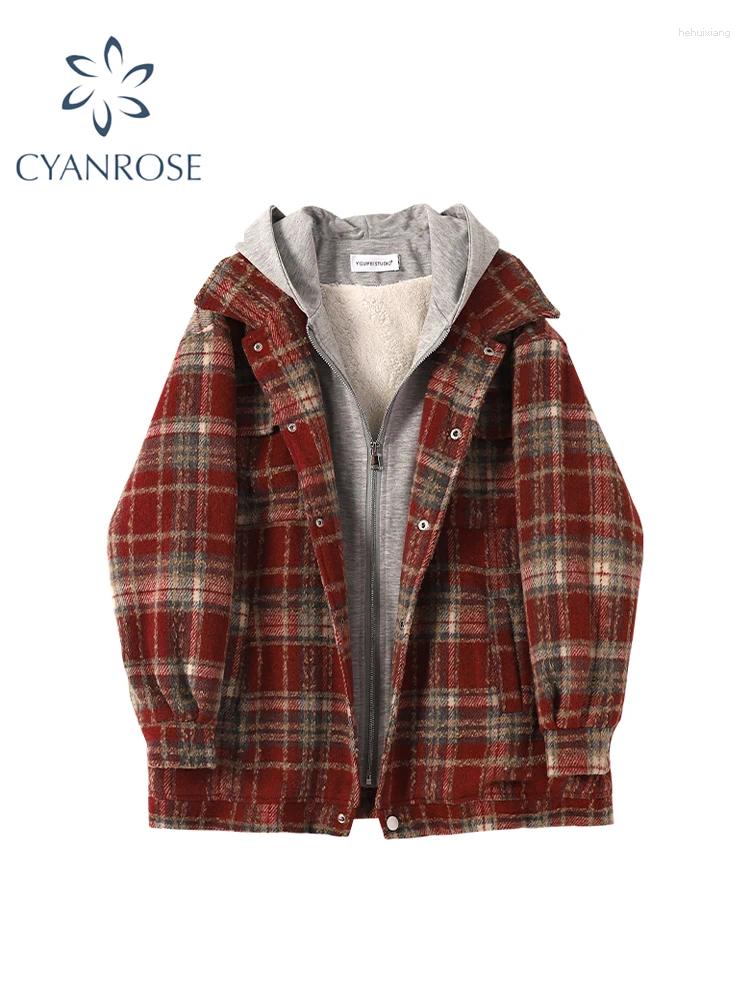 Women's Jackets: Red Plaid Korean Long Sleeve Coat, Y2k Fashion Streetwear, Vintage Loose Outwear
