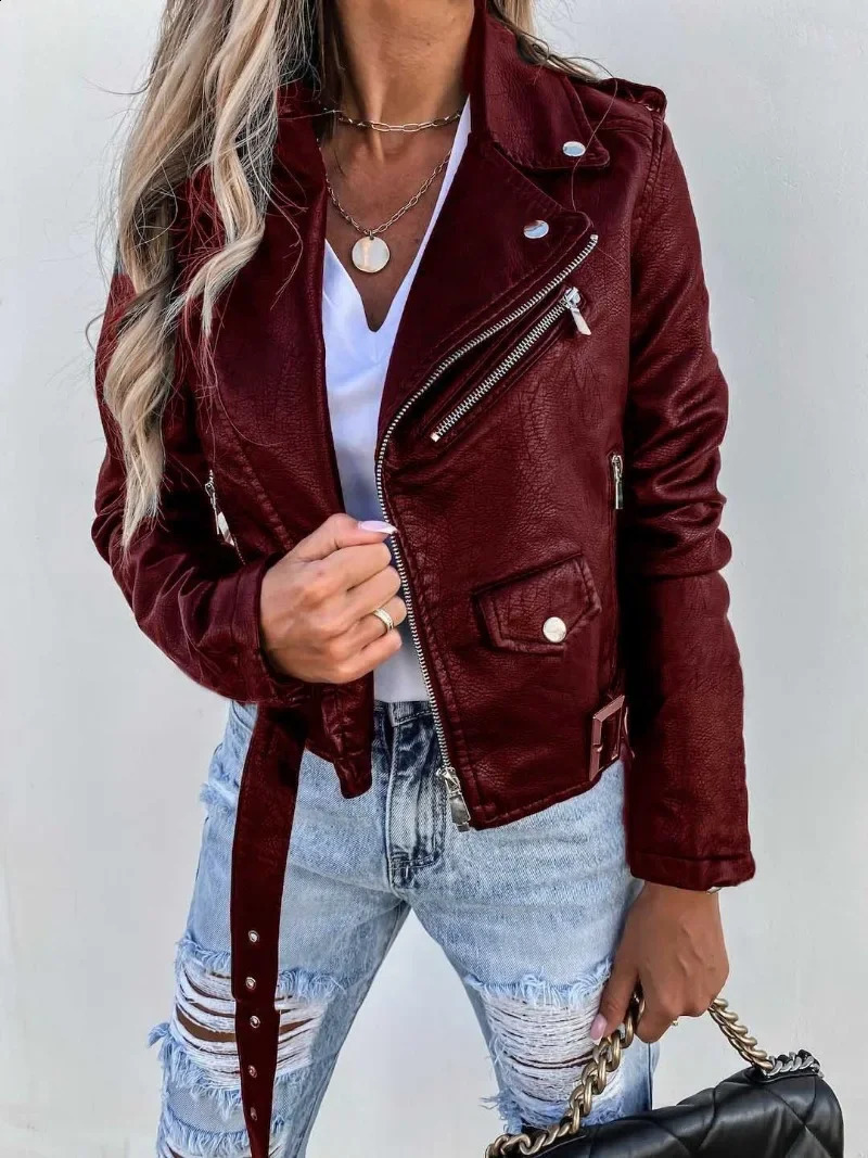womens leather jacket PU leather jacket motorcycle short zipper 240909