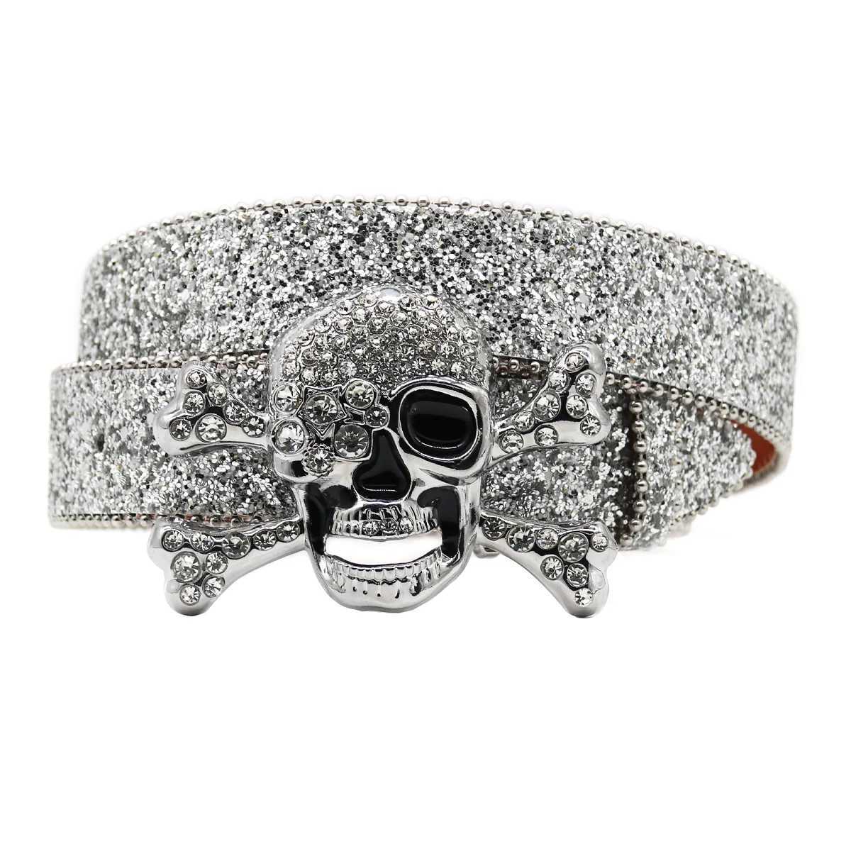 Womens Fashion Skeleton Rhinestone with Flash Stud Design Leather Diamond Belt Western Cowboy Dress W240909