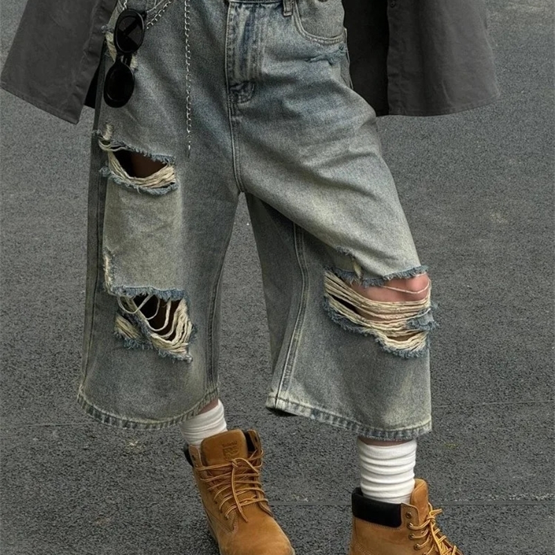 HOUZHOU Vintage Blue Ripped Short Jeans Women Oversized Distressed Jorts Y2k Grunge Baggy Boyfriend Denim Shorts Wide Streetwear 240821