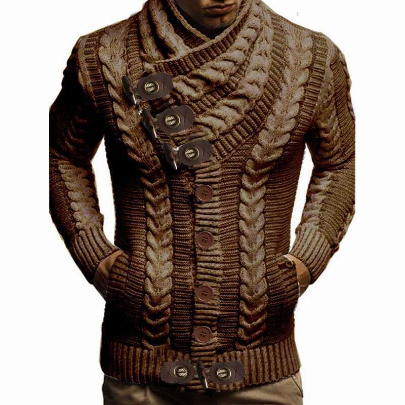 2025 New High Collar Horn Leather Button Knitted Fashion Cardigan Men's Sweater
