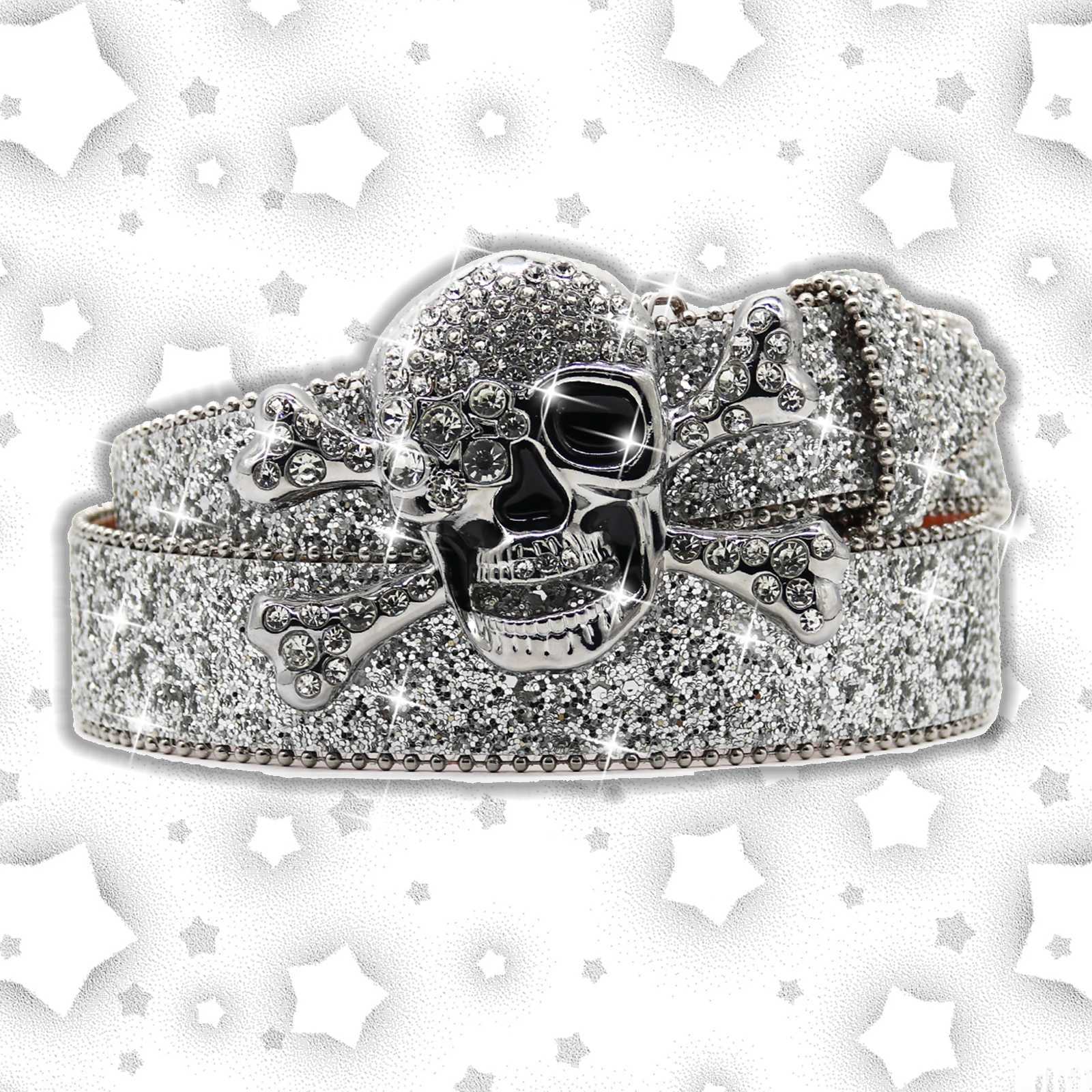Womens Fashion Skeleton Rhinestone with Flash Stud Design Leather Diamond Belt Western Cowboy Dress W240909
