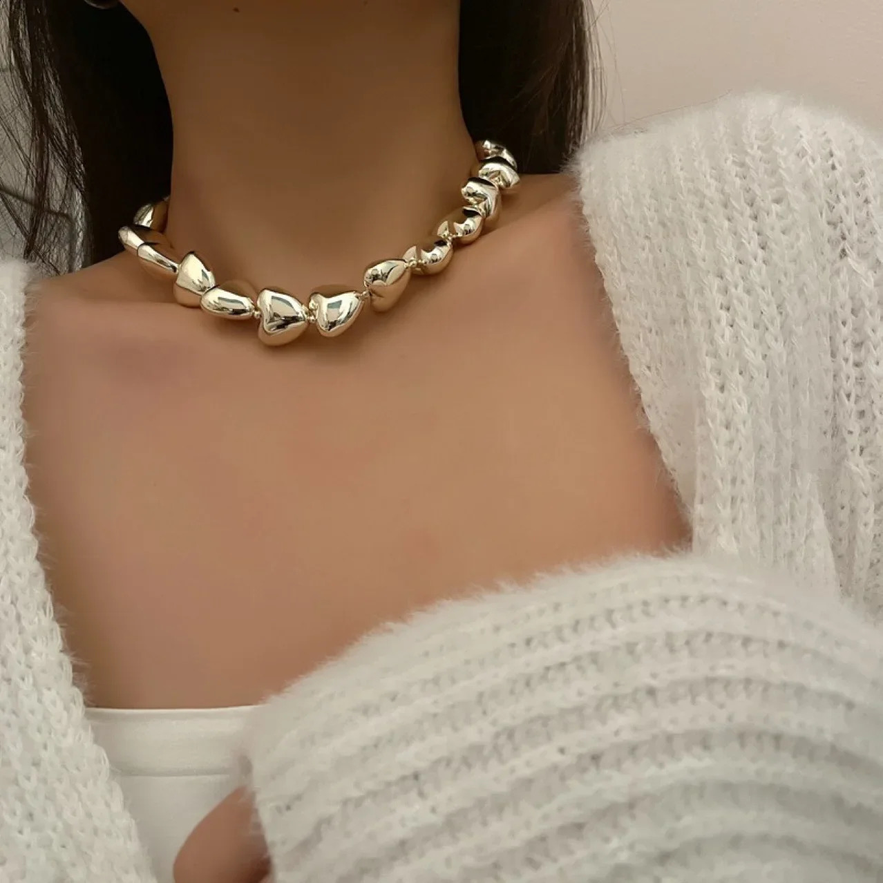 Exaggerated Sweet Cool Style Heart Necklace Collar Chain Female Temperament Neckchain 240826