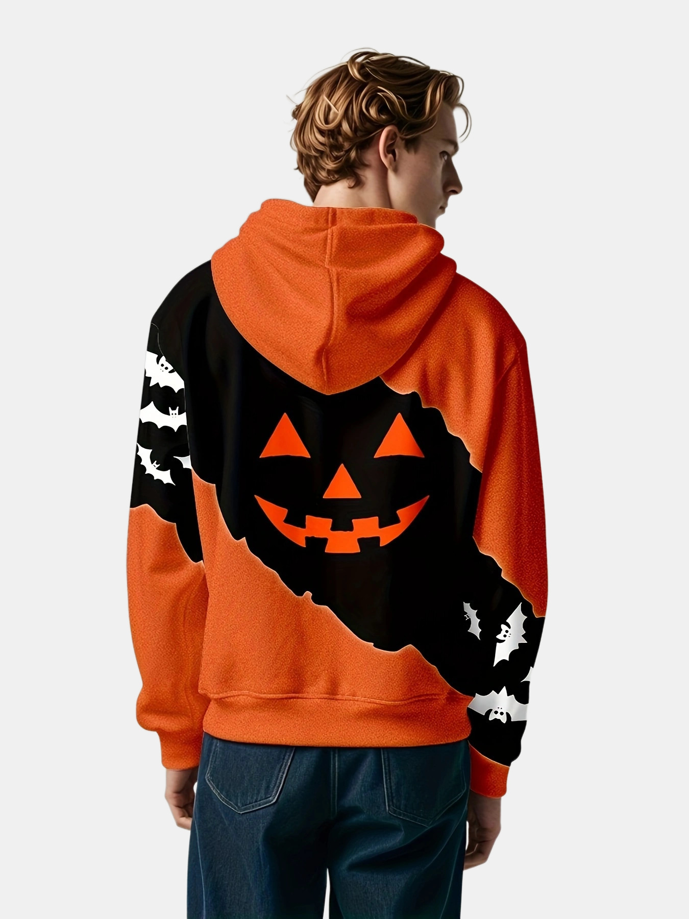 Halloween Pumpkin Bat Gradient Print Hoodie - Casual Polyester Pullover with Kangaroo Pocket, Perfect for Parties Gifts