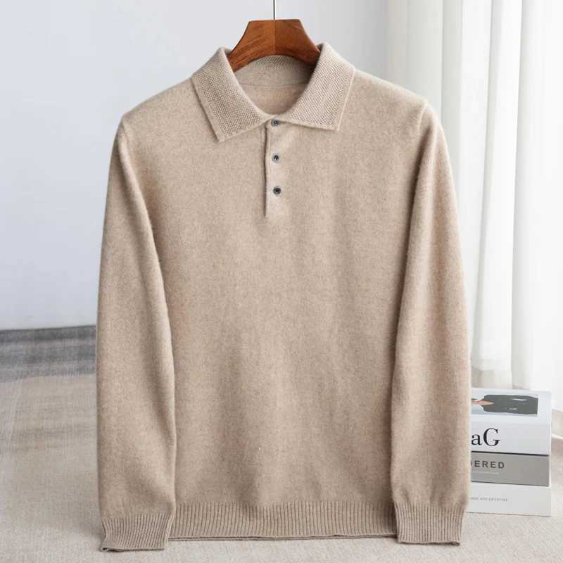 100% Australian wool mens lapel long sleeved polo neck sweater loose top casual knit bottom sweater W240909