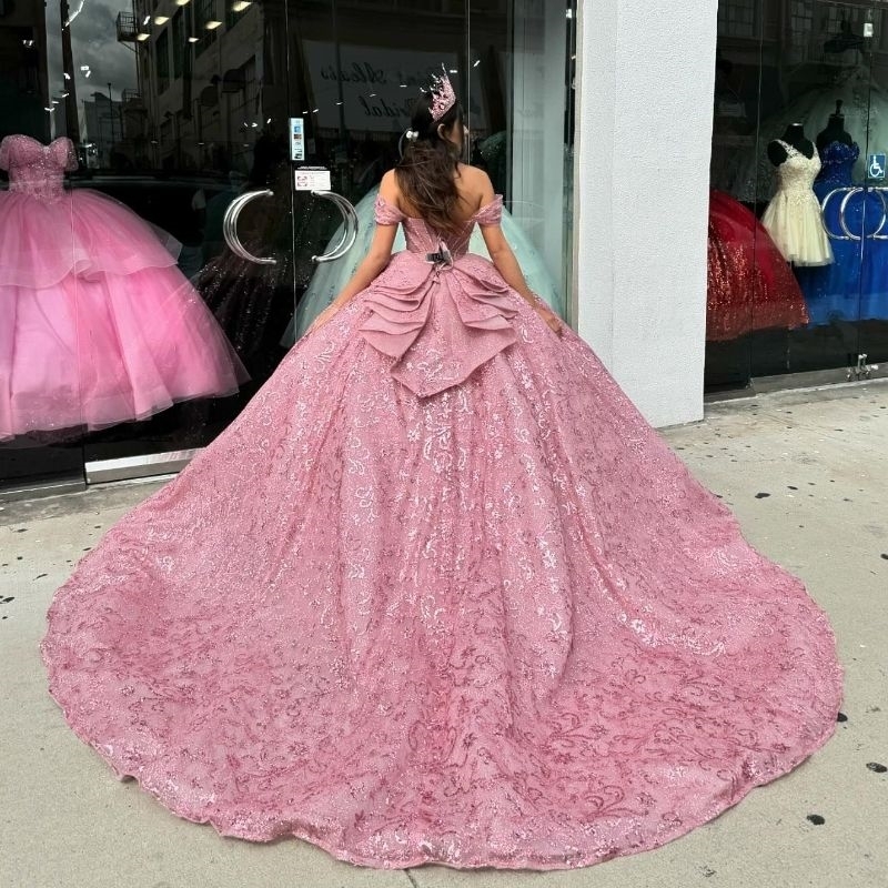 Pink Shiny Sweetheart Ball Gown Quinceanera Dresses Princess Corset Appliques Beads Crystal Sweet 16 Dress Vestidos De 15 Anos