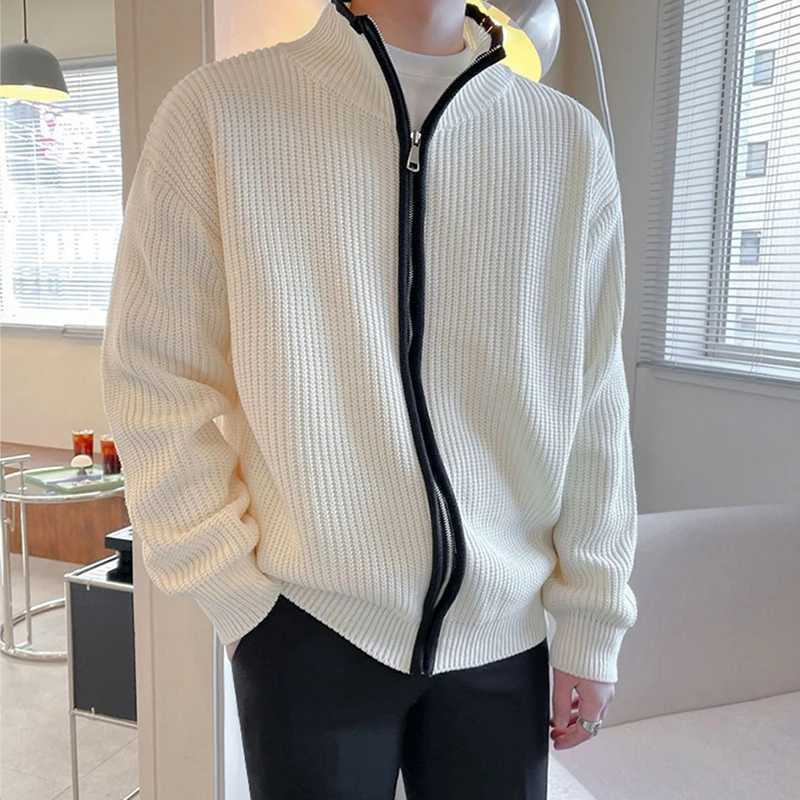 Winter mens luxury knitted zipper cardigan stand collar solid color long sleeved casual streetwear loose jacket W240907