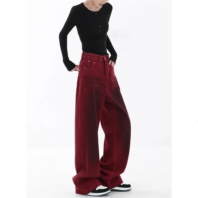 Fashion Vintage Red Straight Jeans Casual High Waist High Street Style Pants Korean Womens Wide Leg Baggy Y2K Denim Trouser 240821