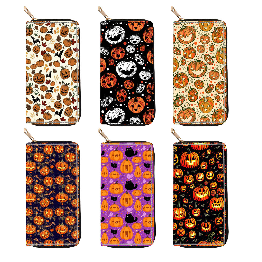 2025 Designer PU Skull 3 Halloween Long Zipper Wallet Pumpkin Handbag Money Clip