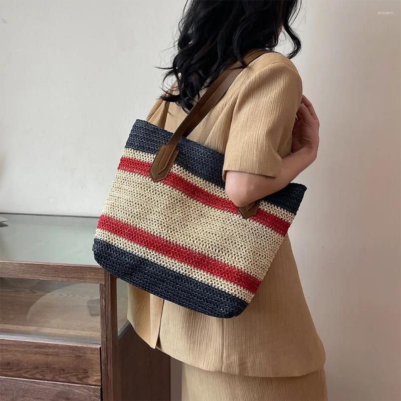 Shoulder Bags Straw Bag For Women Large Capacity Tote Color Strip Handbag Zipper Crossbody Travel Holiday Shopping