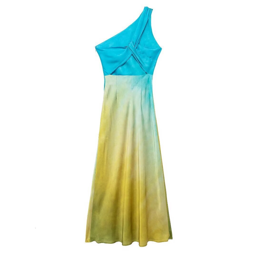 New Satin Sloping Shoulder Dress Tie Dye Gradient Summer Womens Asymmetric