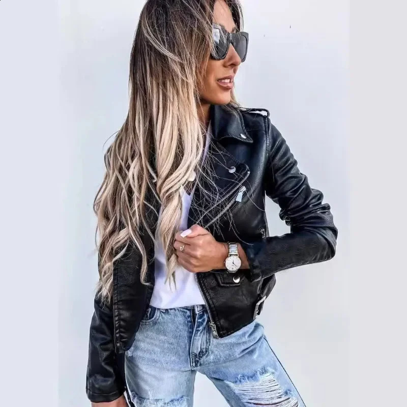 womens leather jacket PU leather jacket motorcycle short zipper 240909