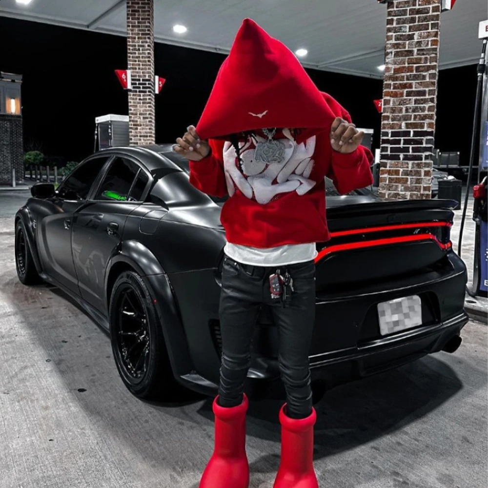 Y2k printed mens hoodie hiphop oversized pocket sweater Harajuku punk streetwear loose zipper 240909