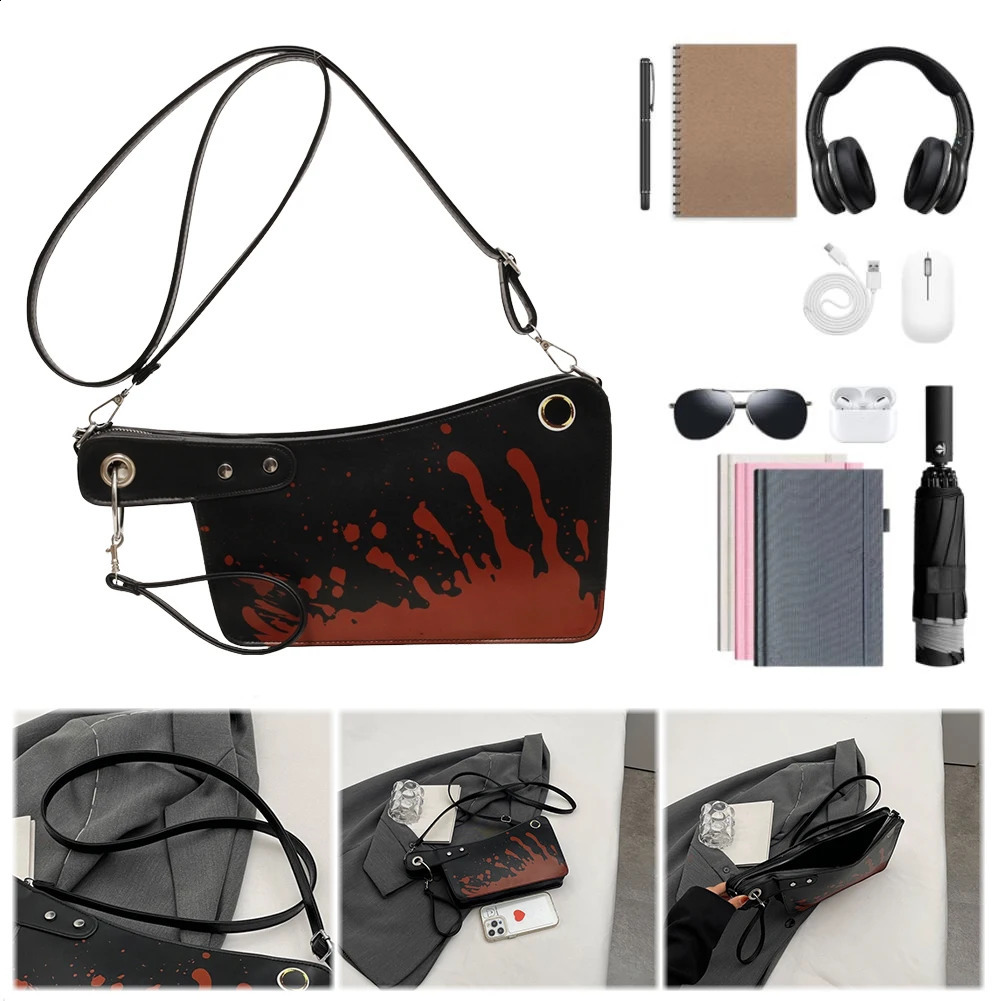 Womens Terrifying Cross body Bag PU Leather Gothic Clutch Wallet Adjustable Shoulder Strap Knife shaped Handbag Halloween Outdoor 240909