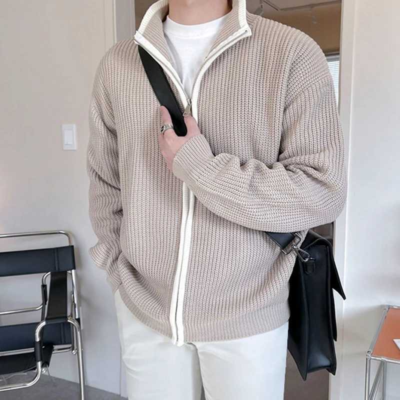 Winter mens luxury knitted zipper cardigan stand collar solid color long sleeved casual streetwear loose jacket W240907