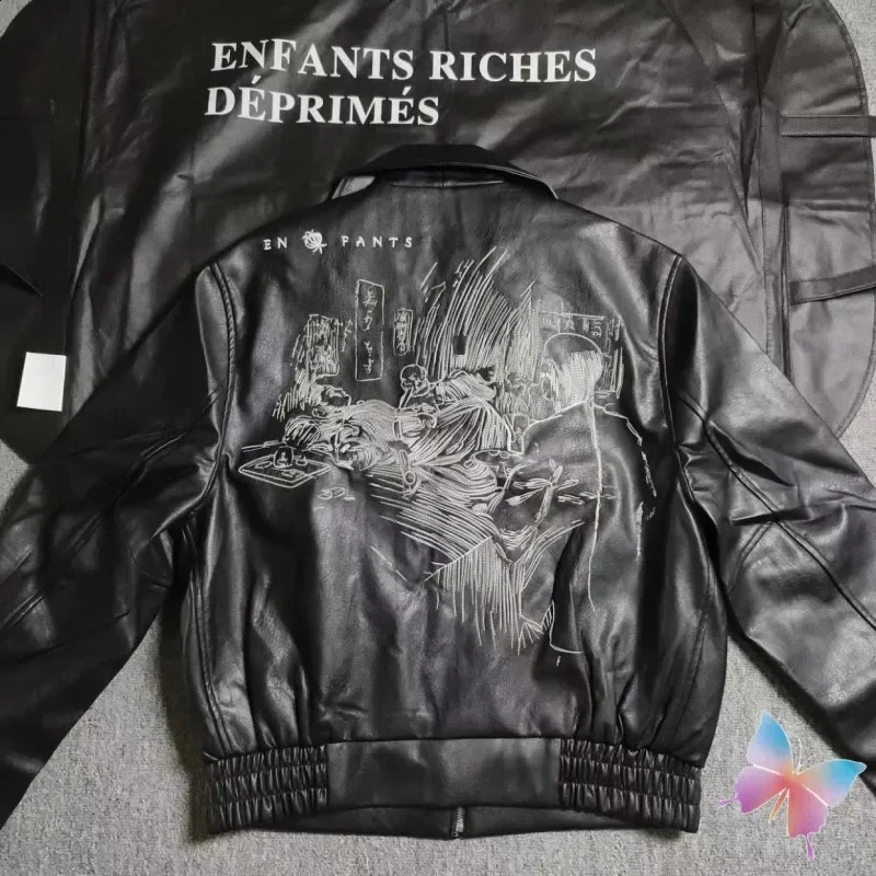 Winter High Street ERD Jackets Embroidery Zipper Pocket Black Motorcycle Leather Coats Men Women Cleanfit Streetwear 240905