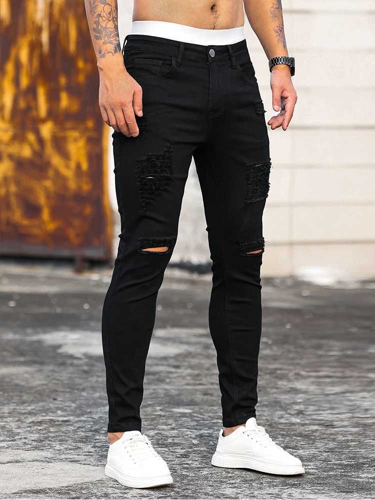 Mens Strt cracked jeans pure black elastic tight fitting pencil pants boyfriend club clothing denim Ropa Hombre X2410261