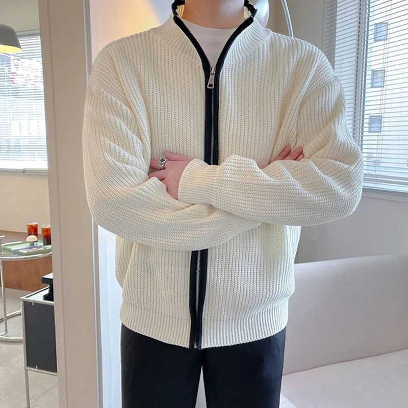 Winter mens luxury knitted zipper cardigan stand collar solid color long sleeved casual streetwear loose jacket W240907