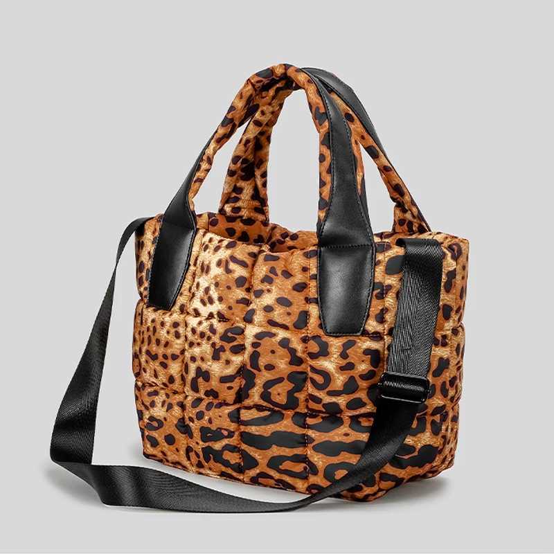 CMM Fashion Leopard Puffer Bag Quilted Padded Women Handbags Soft Nylon Down Cotton Shoulder Crossbody Bags Silver Tote 2024 New 240909
