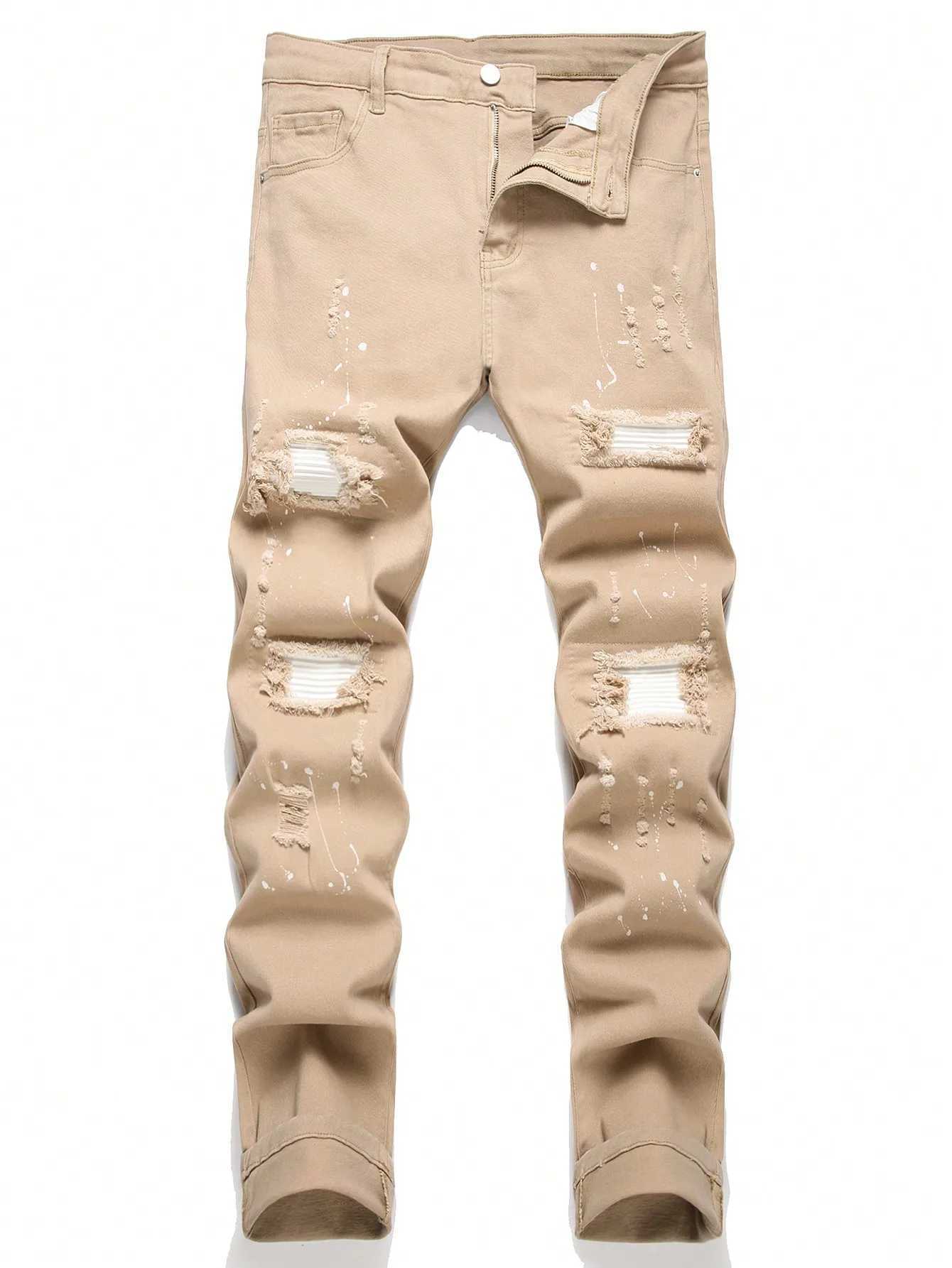 Mens jeans cool ripped skinny jeans stretchy slim denim pants patchwork work hip-hop black blue casual jogging jeans X2410261