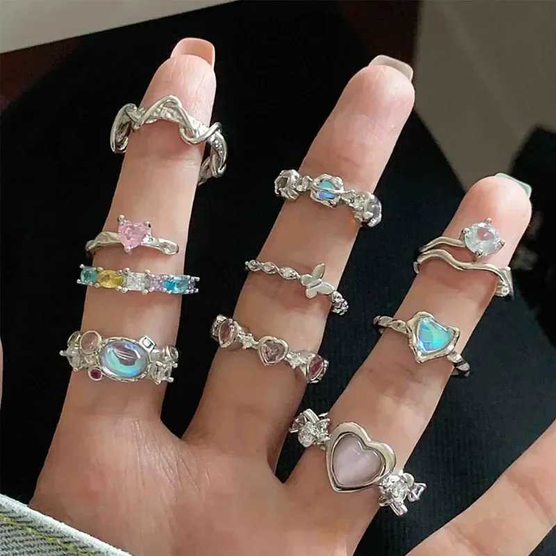 Adjustable Crystal Ring Y2K Pink Irregular Geometry Retro Bow Heart Ring Set 2023 New Fashion Jewelry GiftXJ250412