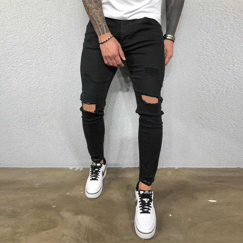Mens Jeans Knee Hole Ripped Stretch Skinny Denim Pants Solid Color Black Blue Autumn Summer Hip-Hop Style Slim Fit Trousers S-4XL X250227