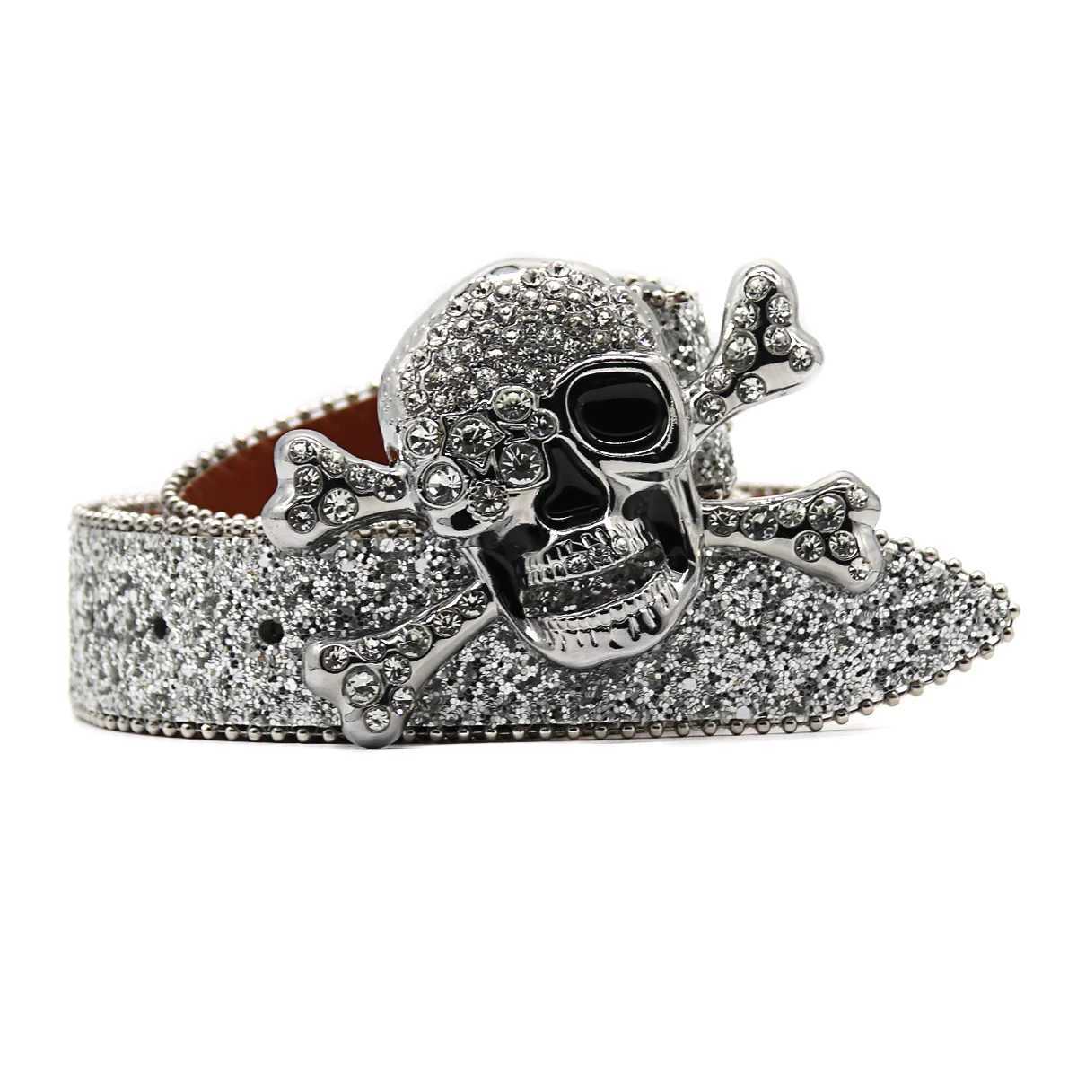 Womens Fashion Skeleton Rhinestone with Flash Stud Design Leather Diamond Belt Western Cowboy Dress W240909