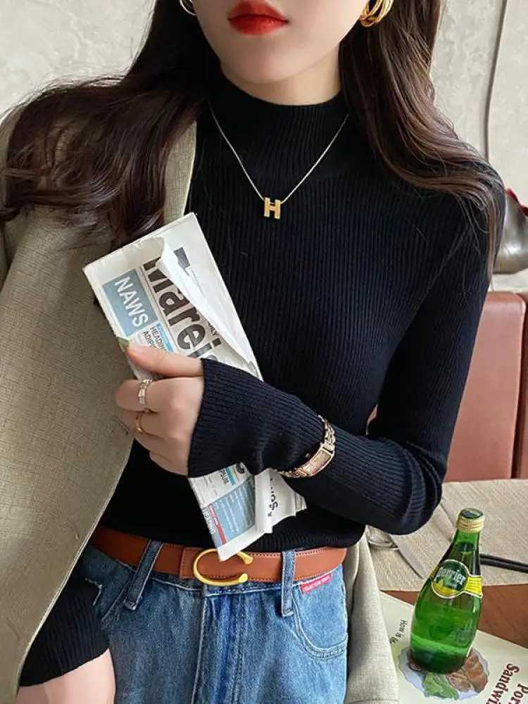 Autumn Winter Mock Neck Women Sweater Vintage Basic Solid Knitted Korean Tops Casual Slim Pullover Sweaters Simple Chic JumpersX2409